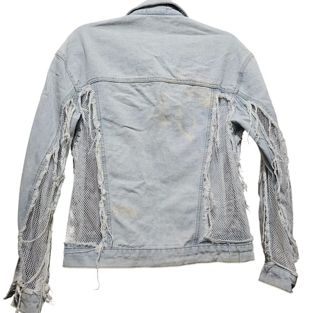 Distressed Light Wash Denim Jacket With Mesh Inserts Frayed Detailing & Button C - Picture 9 of 13